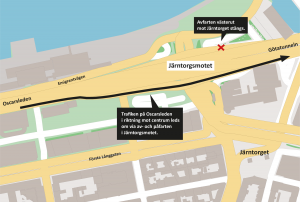 Karta som visar hur trafiken på Oscarsleden leds om via av- och påfarten i Järntorgsmotet.