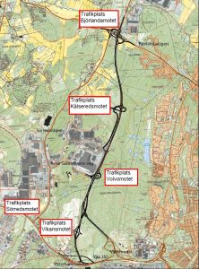 Karta som visar placeringen av de trafikplatser som byggs alternativt byggs om på Hisingsleden.