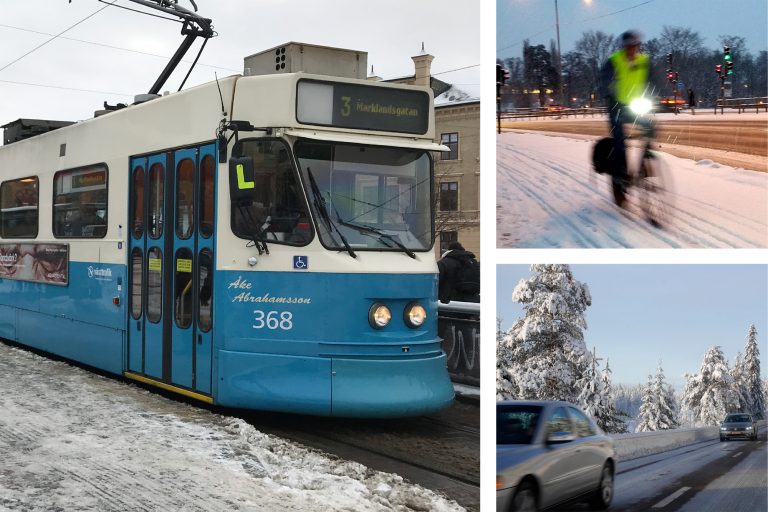 Kollage med tre bilder på spårvagn, vintercyklist och bilar på snötäckt landsväg.