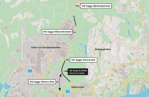 Karta som visar var ett körfält stängs norrut på Hisingsleden och de olika moten.