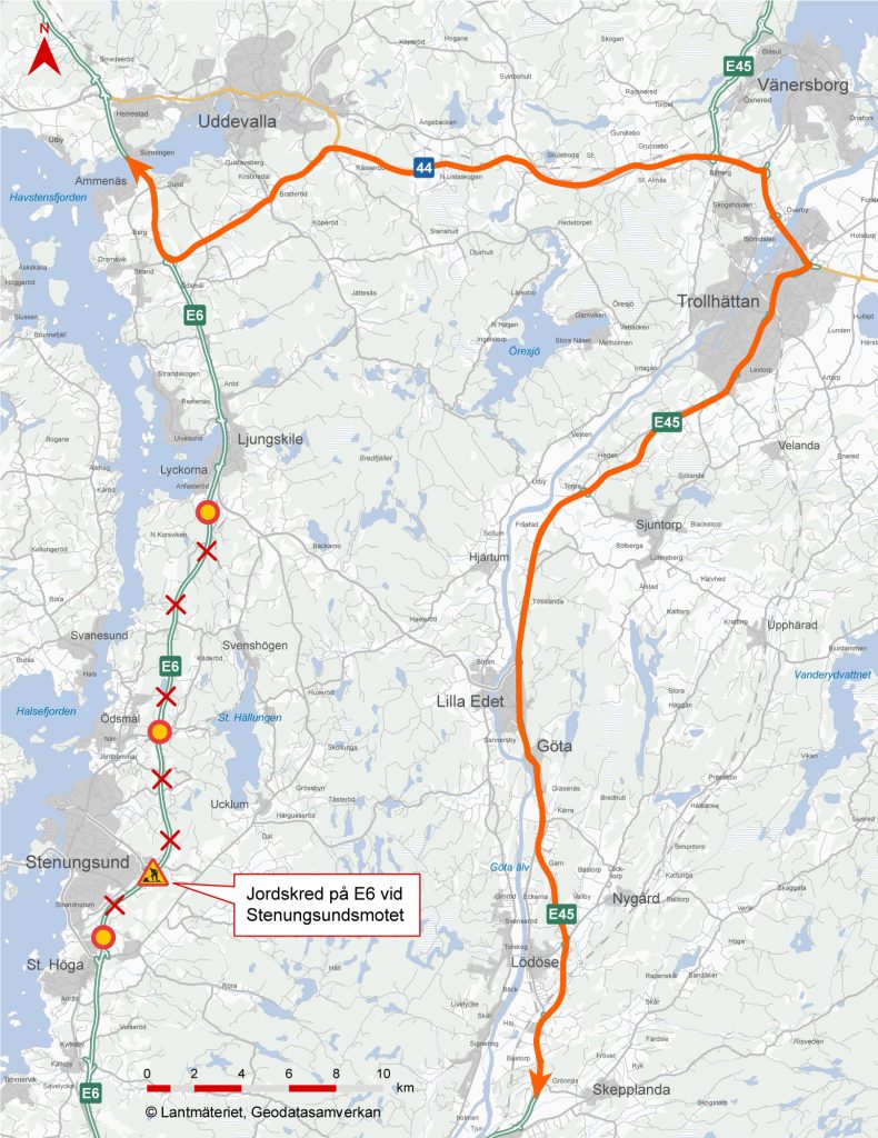 Karta som visar hur trafiken leds om via E45 och väg 44.