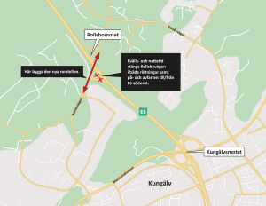 Karta som visar att Rollsbovägen samt på- och avfarten till/från E6 söderut stängs.