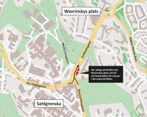 Karta som visar att ett körfält norrut stängs i korsningen Guldhedsgatan-Medicinaregatan.