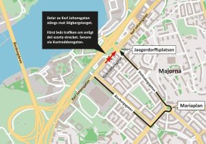 Karta som visar att Karl Johansgatan stängs i höjd med Jaegerdorffsplatsen och att omledning sker via Mariaplan.