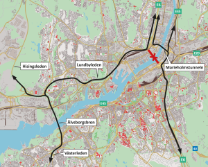 Karta som visar hur trafiken leds om när Tingstadstunneln stängs.