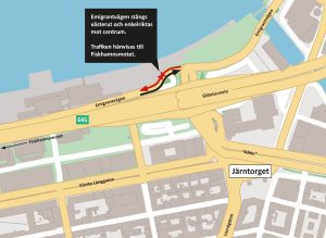 Karta som visar att delar av Emigrantvägen vid Järntorget stängs västerut.