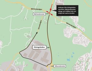 Karta som visar att avfarten från Hisingsleden norrifrån stängs i Björlandamotet och trafiken leds om via Kålseredsmotet och Sörredsvägen.