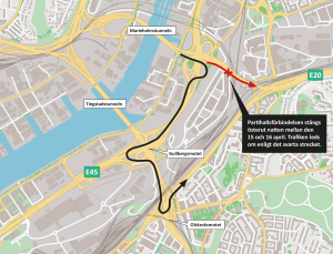 karta som visar hur trafiken leds om när Partihallsförbindelsen stängs österut