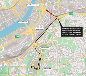 karta som visar hur trafiken leds om när Partihallsförbindelsen stängs österut