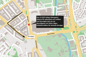 karta över omledningen av trafiken vid Korsvägen april 2024