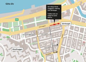 Karta som visar att Första Långgatan stängs österut mellan Nordhemsgatan och Järntorget.