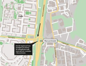 karta som visar att trafiken i Marconimotet påverkas