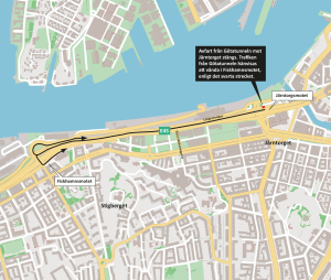 karta som visar att trafiken från Götatunneln mot Järntorget leds om via Fiskhamnsmotet