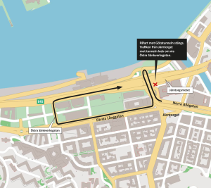 karta som visar att trafiken från Järntorget mot Götatunnelns leds om via Östra Sänkverksgatan