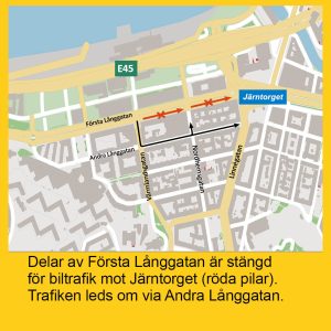 karta som visar att delar av Första Långgatan är stängd för biltrafik mot Järntorget. Trafiken leds om via Andra Långgatan.