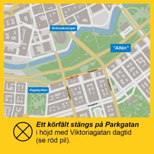 Karta som visar att ett körfält stängs på Parkgatan i höjd med Viktoriagatan