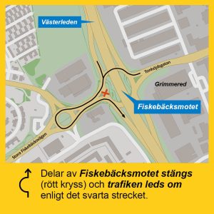 Karta som visar att delar av Fiskebäcksmotet längs Västerleden stängs