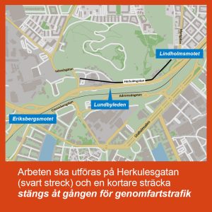 Karta som visar vilken sträcka av Herkulesgatan som berörs av schaktarbeten.