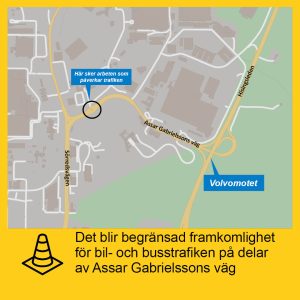 karta som visar att det blir begränsad framkomlighet för bil- och busstrafiken på Assar Gabrielssons väg