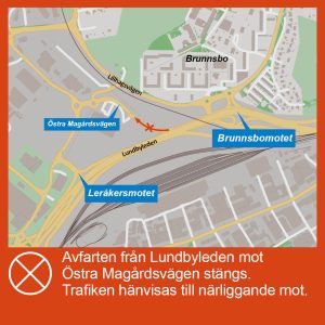 Karta som visar att avfarten från Lundbyleden mot Östra Magårdvägen/Backaplan Norr stängs.