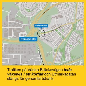 Karta som visar arbetsområdet på Västra Bräckevägen där trafiken leds växelvis i ett körfält.