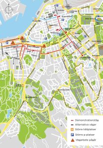 Karta som visar demonstrationsvägarna under första maj i Göteborg 2025