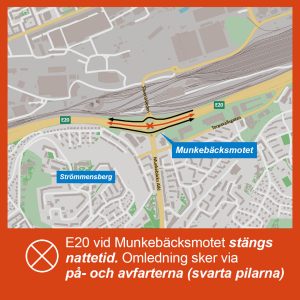 Karta som visar att E20 vid Munkebäcksmotet stängs nattetid och omledning via av- och påfarterna