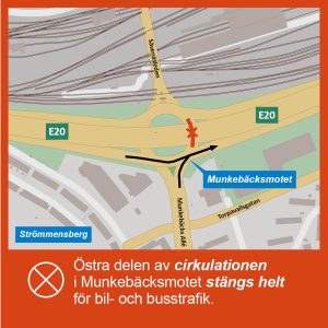 Karta som visar att den östra delen av cirkulationen i Munkebäcksmotet stängs för bil- och busstrafik