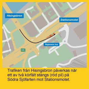 Karta som visar att ett av två körfält stängs österut på Södra Sjöfarten mot Stationsmotet