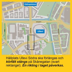 Karta som visar att körfält stängs på Skånegatan i höjd med hållplats Ullevi Södra. 
