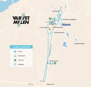 Karta som visar bansträckningen av Varvetmilen 2025 med start och målgång i Slottsskogen.
